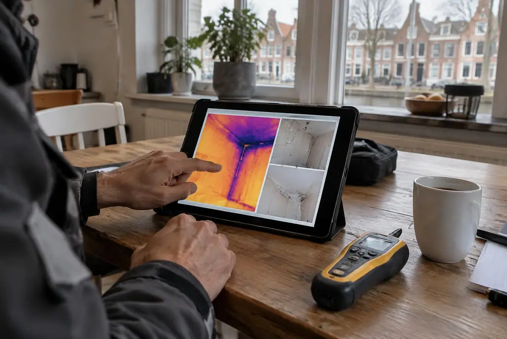 Lekdetectie Deventer – lekdetectierapport met warmtebeelden en foto's op een tablet