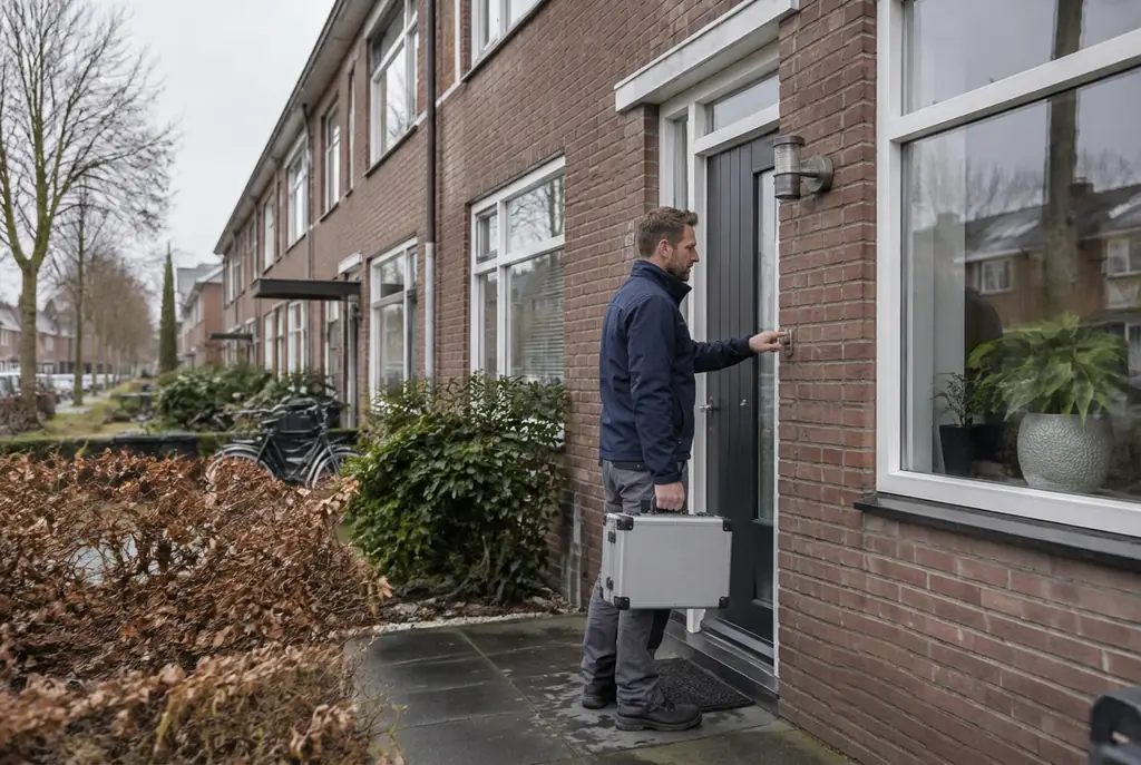 Lekdetectiespecialist met meetkoffer bij de voordeur van een woning in Deventer